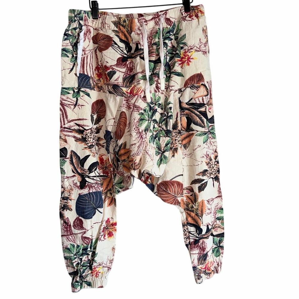 SHEIN 100% cotton cream tropical print harem pants drawstring pockets large boho